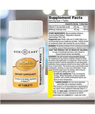 GeriCare Iron 65mg Plus Vitamin C 125mg Tablets High-Absorption Iron for Anemia Support Red Blood Cell Production Fatigue Reduction and Immune Health 60 Count 60 Count (Pack of 1) - Buy Online on GoSupps.com