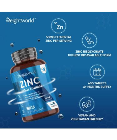 High Strength Vegan Zinc Bisglycinate Tablets 50mg 400 Tablets | Immunity Support for Skin, Hair & Nails | 6+ Months Supply | High Absorption Zinc Supplements for Men & Women - Buy Online on GoSupps.com