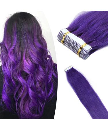 Yotty Hair Extensions Tape in Seamless Skin Weft Remy Human Hair (16Inch 10Pcs  Purple) 16 Inch 10Pcs Purple