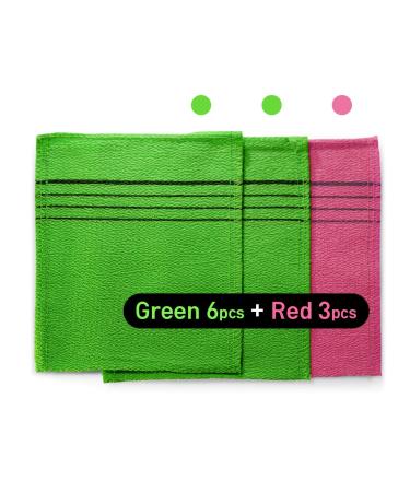 9pcs Korean/Asian Exfoliating Bath Washcloth Set - Green 6pcs, Red 3pcs | Genuine Korean Italy Towel for Skin Massage, Removing Dead Skin Cells, Cleaning Pores | Reusable - Buy Online on GoSupps.com