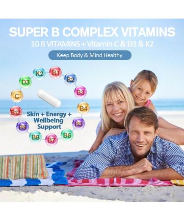 13-in-1 Vitamin B Complex Plus with Vitamin B1, B2, B3 (Niacinamide), B4, B5, B6, B7 (Biotin), B8 (Inositol), B9 (Folate), B12, C, D3, K2 - Energy, Nerve, Immune, Skin Support - 120 Vegan Capsules - Buy Online on GoSupps.com