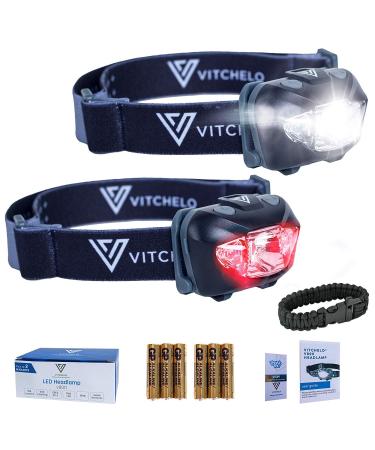 VITCHELO Headlamp White Flashlight - Red Safety Light - 6 Light Modes - Super Bright IPX6 Waterproof Adjustable Head Light - 3 AAA Batteries - Running, Jogging, Camping, Hiking, Cycling - Kids, Adults 2x Black