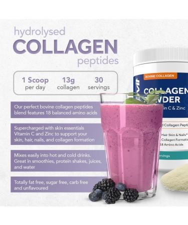 Zipvit Collagen Peptides Powder with Vitamin C & Zinc. Supports Hair Skin & Nails. Bovine Collagen with High Levels of 18 Essential Amino Acids. UK Supplier Collagen Powder - 400g - Buy Online on GoSupps.com