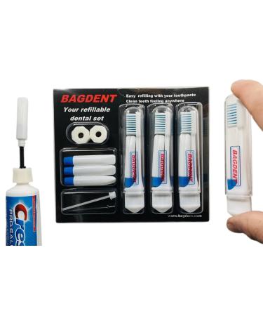 Travel toothbrushes and toothpaste empty container 11 pieces/set: 3 x foldable toothbrushes 6 x empty refillable tubes (3.5 ml) 2 x fill adapter travel set for daily use