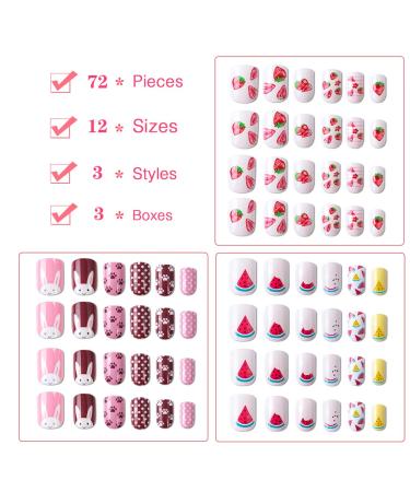 72 Self-Adhesive False Fingernails for Kids - Cute Strawberry Watermelon & Rabbit Designs - Perfect for Girls & Teens - Buy Online on GoSupps.com