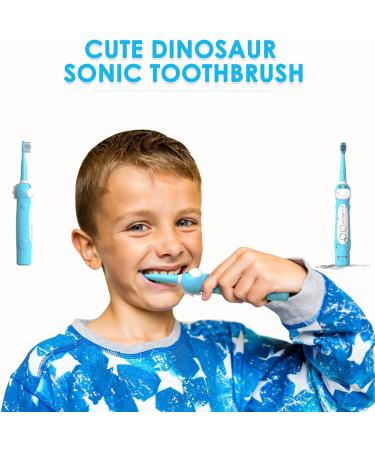 Dinosaur Electric Toothbrush for Kids | Sonic Toothbrush with Timer & Reminder | Rechargeable | Ages 3-12 | 5 Modes | Blue | Includes 4 Brush Heads & Wall-Mounted Holder - Buy Online on GoSupps.com