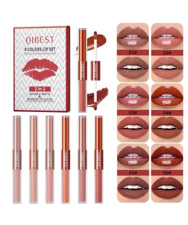Rechoo 2in1 Lipstick Set - 6Pcs Double Brush Matte & Glossy Liquid Lipstick for Women | Waterproof Long-Lasting Nude & Rosa Red Lip Ink - A-Set A - Buy Online on GoSupps.com