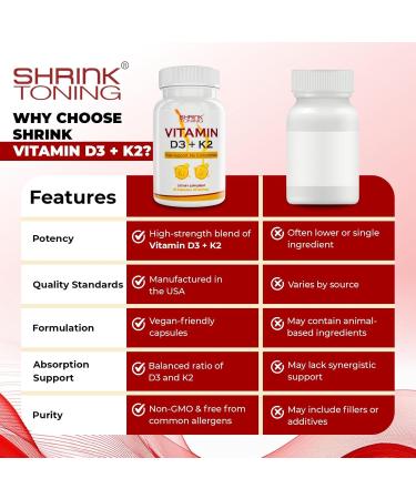 shrink Toning Vitamin D3 + K2 Supplement 125 mcg Vitamin D & 100 mcg K Immune & Bone Support Non-GMO Gluten-Free 60 Capsules - Buy Online on GoSupps.com
