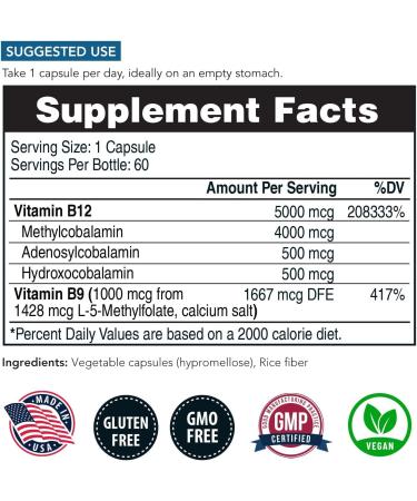BioActive Vitamin B12 - 5000 mcg | Methylfolate Cofactor | Energy & Mood Support | Vegan & Non-GMO (60 Servings) - Buy Online on GoSupps.com