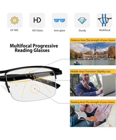 Buy Progressive Multifocus Reading Glasses - Semi Rimless Blue Light Blocking for Men & Women - TR90 Multifocal Readers - Black Frame - Clear Lens 2.0x - International Shipping Available - Buy Online on GoSupps.com