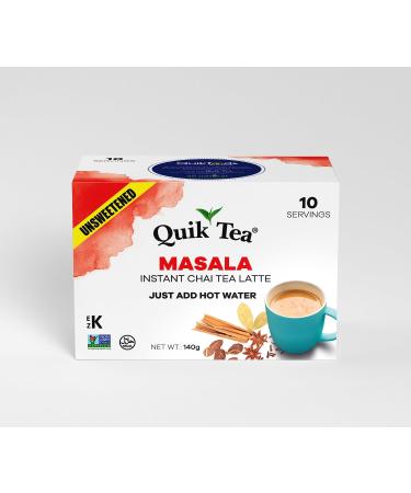QuikTea Unsweetened Masala Chai Tea Latte - 10 Count Single Box - All Natural & Preservative Free Authentic Instant Chai Unsweetened Masala 10 Count (Pack of 1)