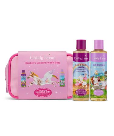 Childs Farm | Kids Unicorn Luxury Wash Bag Gift | Organic Tangerine Bubble Bath 250ml & Blackberry & Organic Apple Hair & Body Wash 250ml | Suitable for Dry Sensitive & Eczema-prone Skin
