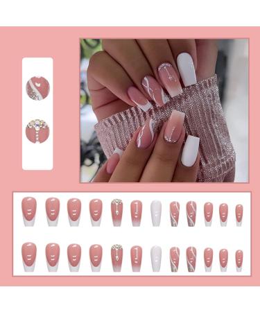 24Pcs Short Square French Glitter Press on Nails - White & Nude Acrylic Full Cover Stick on Nails with Rhinestones for Women and Girls - Includes Glue Stickers - Glossy Finish - Buy Online on GoSupps.com