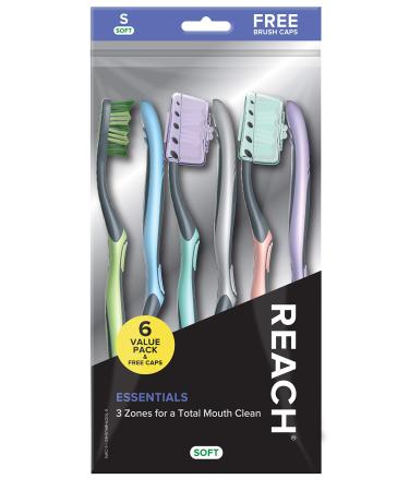 REACH Essentials Toothbrush with Toothbrush Caps, Multi-Zoned Angled Soft Bristles, Contoured Handle, Tongue Scraper, 6 Count (Pack of 1)