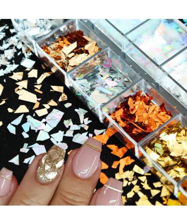 Holographic Nail Glitter Flakes | 12 Grids 3D Irregular Sequins | Shiny Gold & Silver Nail Art Supplies | Vintage Glitter for UV Gel Nails Design - Buy Online on GoSupps.com