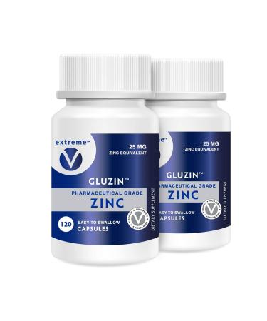 Gluzin 25MG Pharmaceutical Grade Zinc Frontline Defense Vegan Friendly 2 Bottles (240 Vegetarian Capsules)