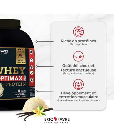 WHEY OPTIMAX PROTEIN +74 Prot ines Bi-sources: WPC + Prot ine Brevet e 17g BCAA 11g Glutamine Peu Sucr e et Onctueuse|Id al pour la Prise de Masse Musculaire| Vanille 1 5kg - Eric Favre 1.5 kg Vanille - Buy Online on GoSupps.com