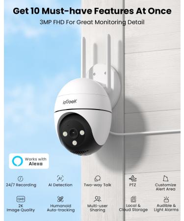 ieGeek 2.4G/5GHz PTZ Security Camera Outdoor, 2K 3MP Dual-Band WiFi CCTV Camera, Color Night Vision, WiFi Home IP Camera with Human Detection, Siren, 2-Way Audio, Work with Alexa, Memory/Cloud(Wired) - Buy Online on GoSupps.com