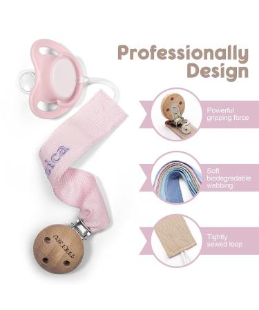 Personalized Tyry.hu Pacifier Chain for Boys & Girls - 2 Pack Pink & Khaki Cotton Clips with Wood Clip - Perfect Baby Gift - Buy Online on GoSupps.com