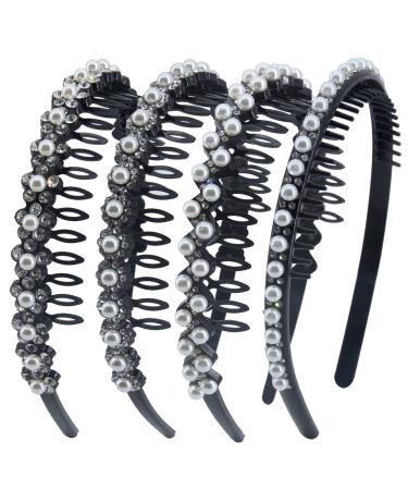 Yeshan Teeth Comb Headbands with Pearl for Women Girls, Plastic headbands with Rhinestone Non-slip Hair hoop Hairbands,Pack of 4 NO15(Mixed 4 colors)