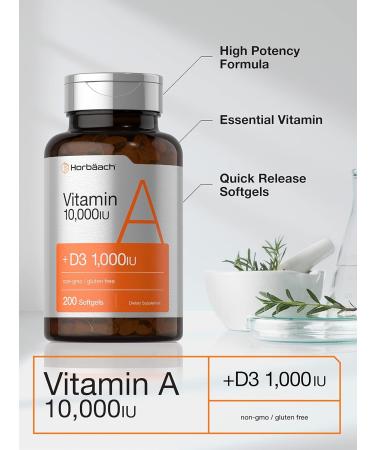 Vitamin A 10000 IU Softgels with Vitamin D3 | 200 Count Non-GMO Gluten Free Supplement by Horbaach - Buy Online on GoSupps.com