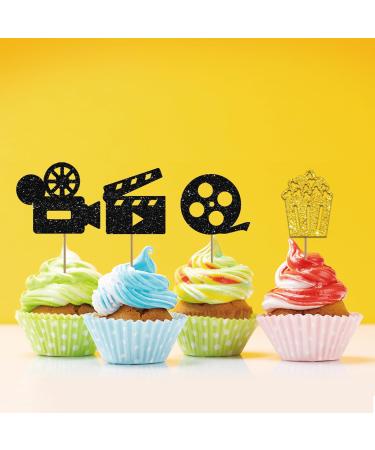Set of 24 Movie Cupcake Toppers for Hollywood Theme Baby Shower Black & Gold Glitter Camera Popcorn Sign Cupcake Toppers Cake Decorations for Movie Night Party Supplies - Buy Online on GoSupps.com