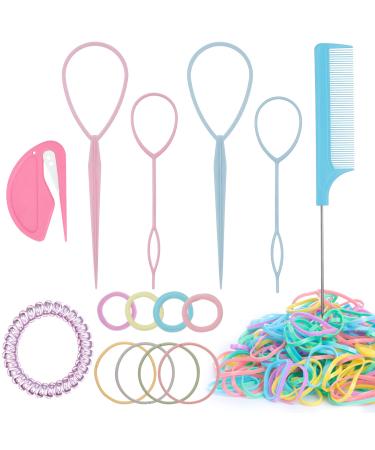 10Pcs Hair Loop Tool Set with 4 Topsy Tail Hair Tools  1 Ponytail Cutter Remover  1 Metal Pin Rat Tail Comb for Hair Styling  200 Summer Colors thicken Rubber Bands for Women  4 Baby Hair Ties Seamless Hair Bands  4 Maca...
