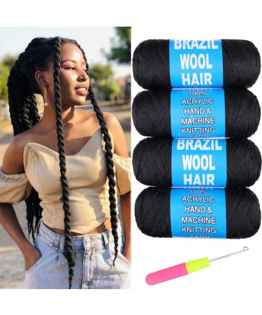 RuiYok 4Pcs Natural Black Brazilian Wool Hair for Braids Acrylic Hand Knitting Yarn for Hair Braiding Hair Extension Crochet Braid Senegalese Twisting Jumbo Braids Faux Locs(1B) 4Roll 1B