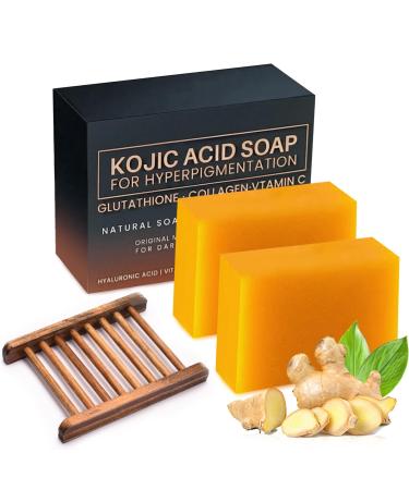 Kojic Acid Soap Turmeric Soap For Face And Body Moisturizing Turmeric Soap Hyperpigmentation Smooth Skin 2x100g Soaps 1pc Wooden Soap Holder