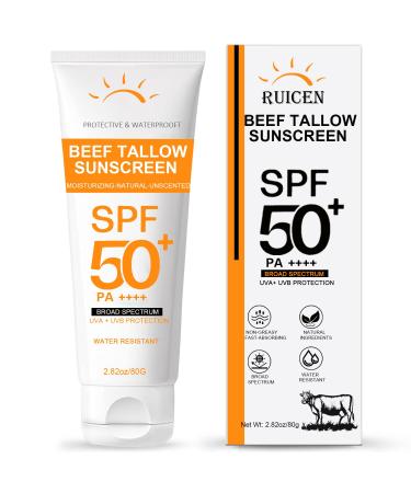 Beef Tallow Sunscreen with Zinc Oxide: Mineral Sunscreen SPF 50 Organic Natural Sun screen-Non Greasy Formula No White Cast Beef Tallow Sunblock for Sensitive Skin- Water-Resistant-2.82 oz (80g)