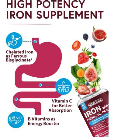 Vitacook 65mg Iron Supplement for Women Men with Vitamin C 250mg + Iron Bisglycinate with Vitamin C B6 B12 Folate - Buy Online on GoSupps.com
