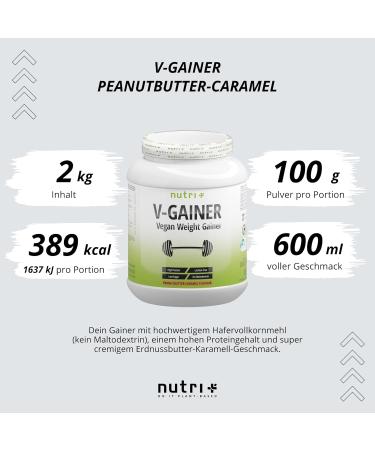 Nutri + Weight Gainer Vegan - V-Gainer Mass Peanut Butter Caramel Flavor 2 KG - No Maltodextrin - 2000g Healthy Protein Supplement - Buy Online on GoSupps.com