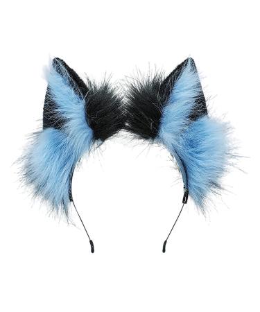 ZFKJERS Furry Fox Wolf Cat Ears Headwear Women Men Cosplay Costume Party Cute Head Accessories for Halloween (Blue Black)