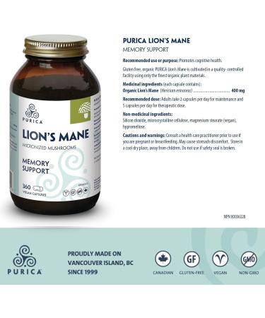 PURICA Lion's Mane Mushroom Capsules 360 Count - Enhanced Cognitive Support Organic Brain Health Supplement for Memory & Focus 360 count (Pack of 1) - Buy Online on GoSupps.com