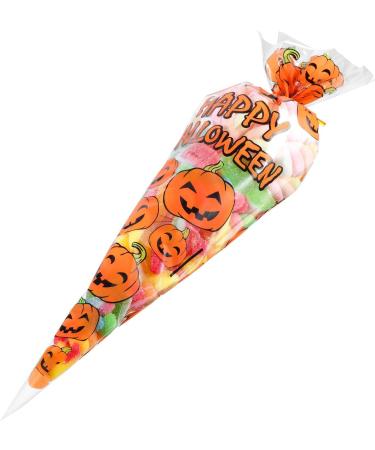 VDL Pack of 100 Halloween Sweet Cones Pumpkin themed Clear Treat Bags with Twist Ties (16x30cm) - Buy Online on GoSupps.com