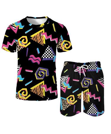 Arssm Mens Vintage Shirts and Shorts Set 2 Pieces 80s 90s Outfit Beach Suit Quick Dry for Retro Summer Party Black X-Large