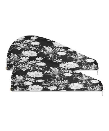 Black and White Flowers Dry Hair Cap 2 Piece Quick Drying Towel Set with Button Headband Super Absorbent Soft & Comfortable