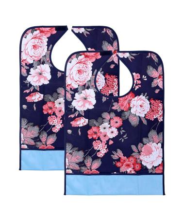 BTSKY 2 Pcs Waterproof Reusable Adult Bibs - Washable Mealtime Protector Bib Clothing Protector with Crumb Catcher (Flowers)