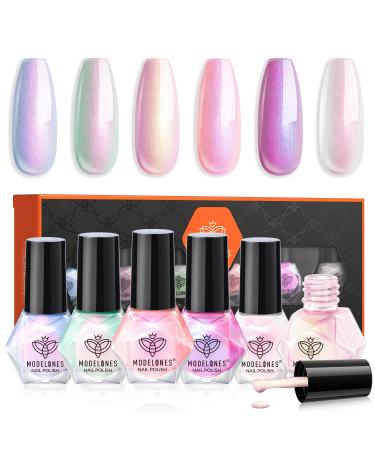 Modelones Nail Polish Set-6 Colors Pearl Aurora Iridescent Shimmer White Pink Purple Nail Polish Quick Dry Nail Polish Finger Nail Polish Bulk Manicure Diy Nail Art Salon Home