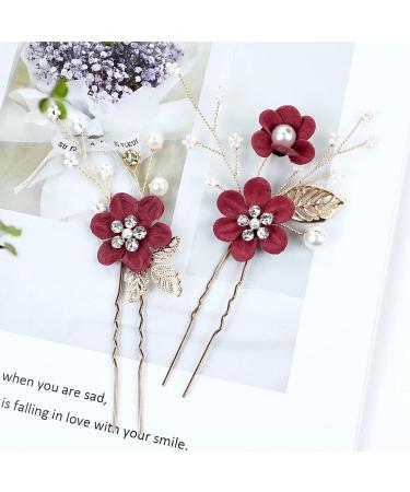 Cinaci 18 Pieces Bridal Wedding Party Prom Pearl Rhinestone Burgundy Flower Hair Side Combs Slides+U-shaped Flower Hair Pins+Twist Spiral Hairpins Floral Headpieces for Brides Bridesmaids Women Girls - Buy Online on GoSupps.com