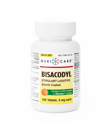 GeriCare Bisacodyl 5mg Stimulant Laxative Enteric Coated Tablets Fast-Acting Constipation Relief Promotes Regular Bowel Movements 200 Count (Pack of 1)