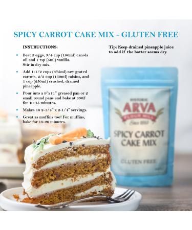 Gluten Free Carrot Cake Mix Spicy Carrot Cake Mix 435g - Makes a 9x9 Cake or 12 Cupcakes 100% GF Mix - Made in Canada by Arva Flour Mills - Buy Online on GoSupps.com