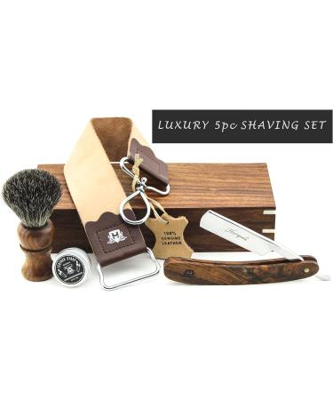 Vintage Barber Salon Luxury Shaving Kit | Straight Razor, Badger Hair Brush, Leather Strop & Honing Paste in Wooden Box - 5 Pc Set - Buy Online on GoSupps.com