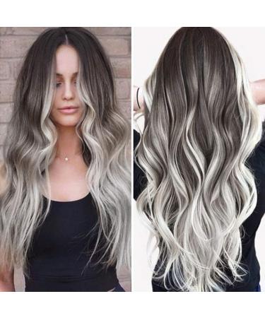 Gray Long Wavy Synthetic Wig with Black Roots | 26 Inch Middle Part Wig for Cosplay & Daily Wear - Buy Online on GoSupps.com