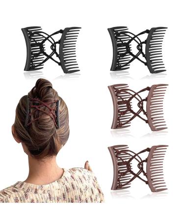 4 Pieces Stretchy Double Comb Hair Clip Adjustable Elastic Hair Comb for Thick Curly Hair Adjustable Majic Hair Clip Comb Hair Accessories(Coffee and Black)
