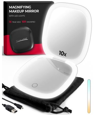 StudioZONE Compact Mirror with Light  Travel Magnifying Mirror - 10X Magnifying Mirror for Purses  USB Rechargeable with 3 Color LED Compact Mirror with Light Up & Dimmer Option