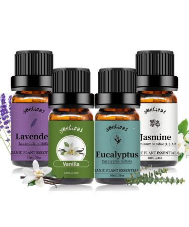 yethious 4 Pack Lavender Jasmine Vanilla Eucalyptus Essential Oil Set Vanilla Essential Oil for Diffuser, Soap/Candles Making Jasmine Essential Oil (Lavender + Jasmine + Vanilla + Eucalyptus)
