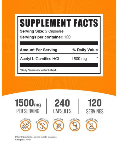 Buy BulkSupplements Acetyl L-Carnitine Capsules 1500mg - Gluten Free ALCAR HCl Supplement - 240 Count 2 Capsules/Serving - International Shipping Available - Buy Online on GoSupps.com