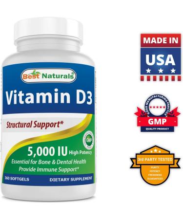 Best Naturals Vitamin D3 5000 IU | 360 Softgels - High Potency Supplement - Buy Online on GoSupps.com