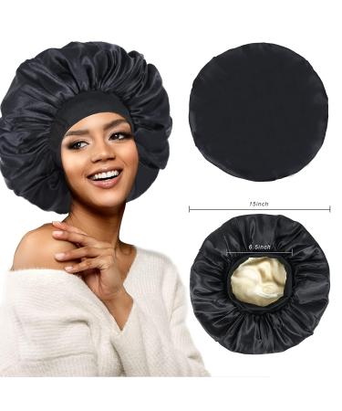 Double Layer Silk Satin Bonnet for Black Women - Adjustable Sleep Cap for Curly Hair (Black) - Buy Online on GoSupps.com